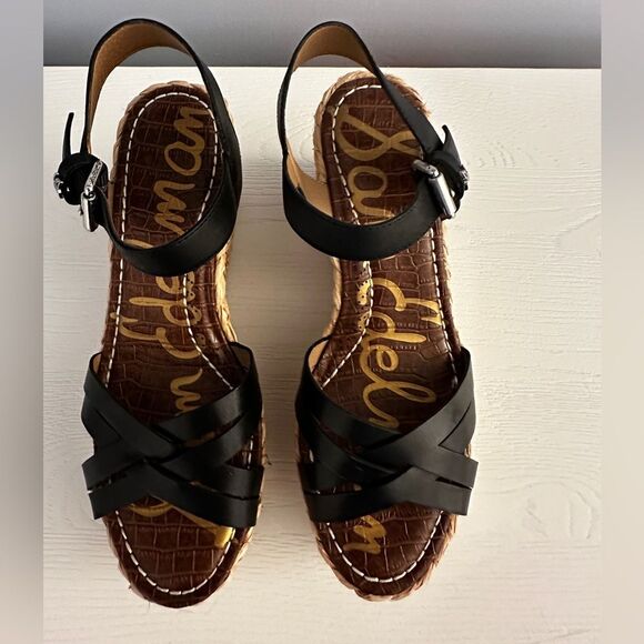 Sam Edelman Darline Black Leather Wedge Sandals – Size 10 - Picture 1 of 6